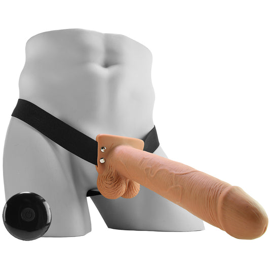 10 Inch Hollow Vibrating Strap-On with Remote in Tan