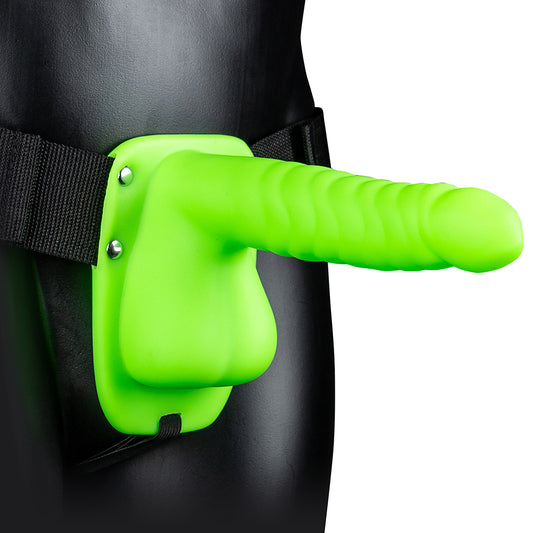Ouch! Ribbed 8 Inch Hollow Ballsy Strap-On in Glowing Green