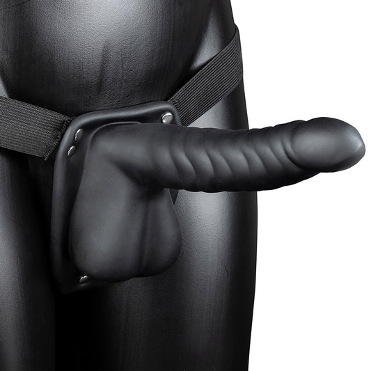 Ouch! Ribbed 8 Inch Hollow Ballsy Strap-On in Black